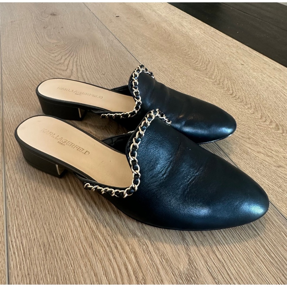 Karl Lagerfeld Paris Charlot Black Leather Chain Mules Block Heel Loafers 7.5M